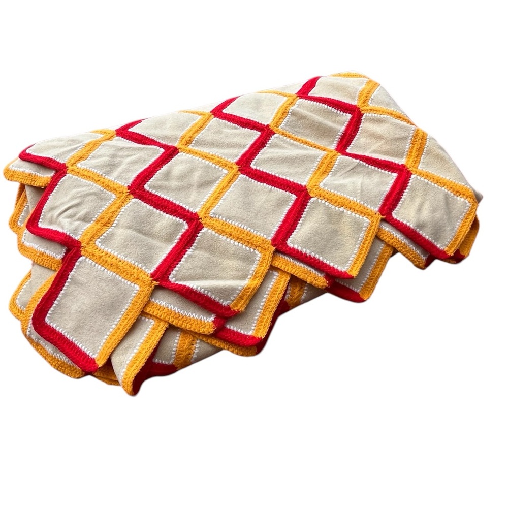 HANDMADE‎ THROW 77x53” W/COLORFUL CROCHETED/WOOL GEOMETRIC SQUARED PATTERN HEAVY